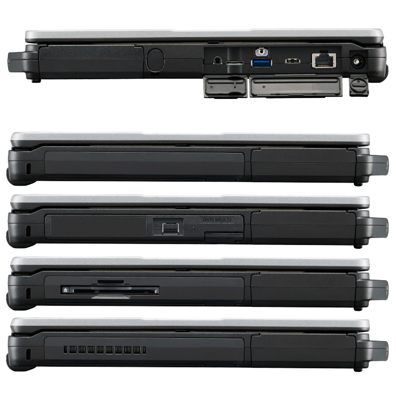 SANTINEA Toughbook FZ55-MK1 HD PC portable durci IP53 Toughbook 55 (FZ55) 14.0" - Vues de droite et de gauche (baie média modulaire)